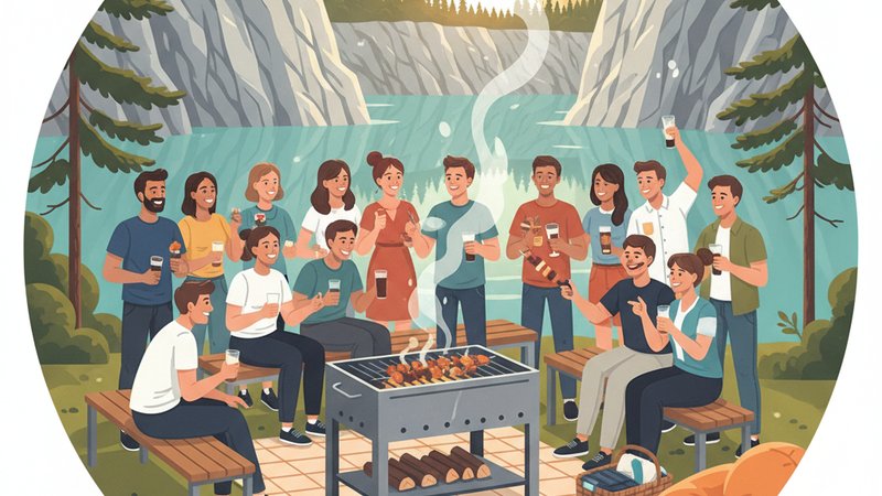 Летний отдых в Рускеале: аренда мангала для большой компании, современная иллюстрация.